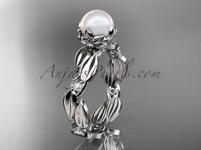 Wedding - 14k white gold diamond pearl vine and leaf engagement ring AP58