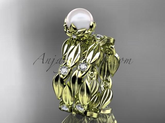 زفاف - 14k yellow gold diamond pearl vine and leaf engagement set AP58S