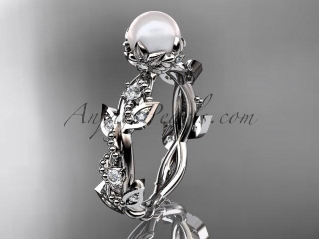 زفاف - 14k white gold diamond pearl vine and leaf engagement ring AP59