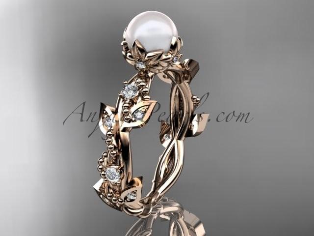 زفاف - 14k rose gold diamond pearl vine and leaf engagement ring AP59