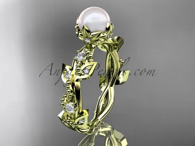 زفاف - 14k yellow gold diamond pearl vine and leaf engagement ring AP59