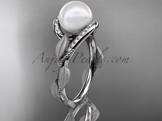 Hochzeit - 14k white gold diamond pearl vine and leaf engagement ring AP64