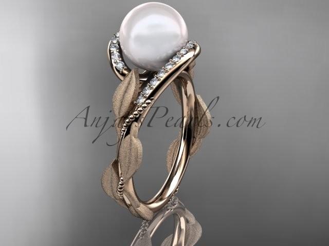 Hochzeit - 14k rose gold diamond pearl vine and leaf engagement ring AP64
