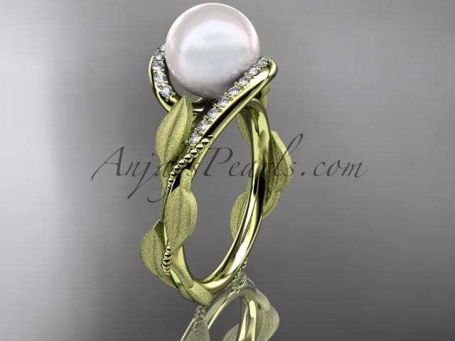 Hochzeit - 14k yellow gold diamond pearl vine and leaf engagement ring AP64