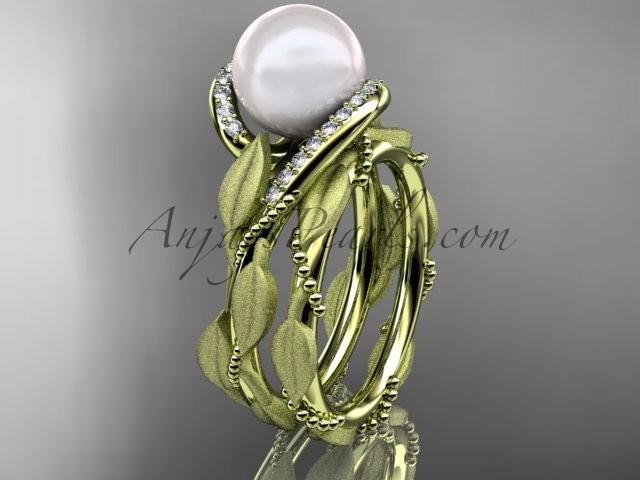 زفاف - 14k yellow gold diamond pearl vine and leaf engagement set AP64S