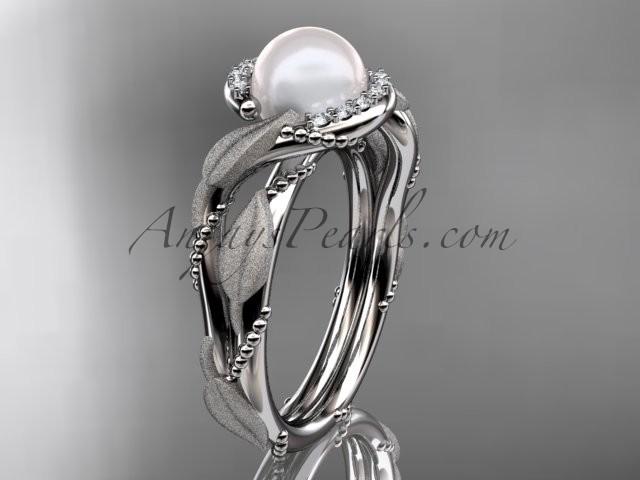 Hochzeit - 14k white gold diamond pearl vine and leaf engagement ring AP65
