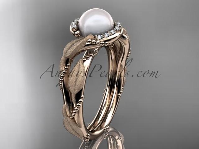 Wedding - 14k rose gold diamond pearl vine and leaf engagement ring AP65