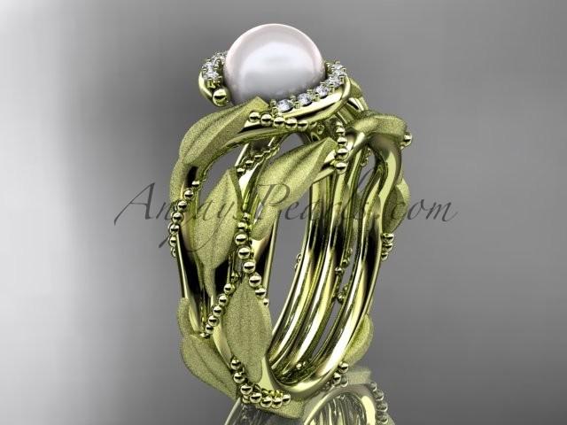 Mariage - 14k yellow gold diamond pearl vine and leaf engagement set AP65S