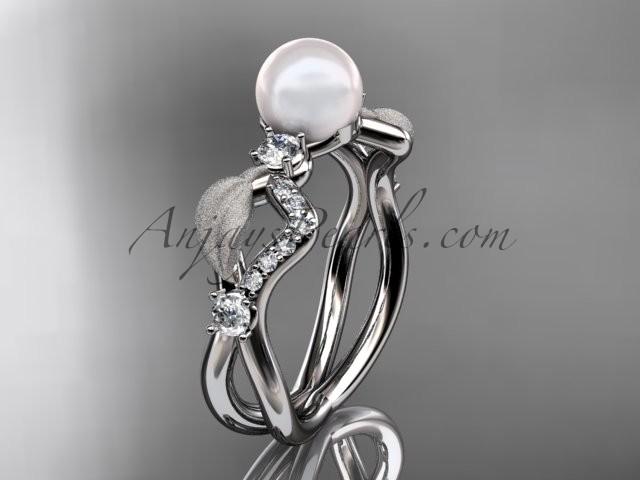 Hochzeit - 14k white gold diamond pearl vine and leaf engagement ring AP68