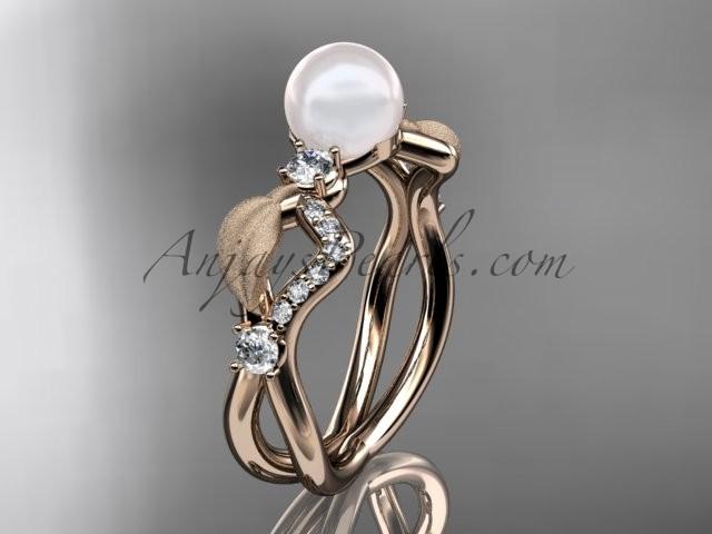 Hochzeit - 14k rose gold diamond pearl vine and leaf engagement ring AP68