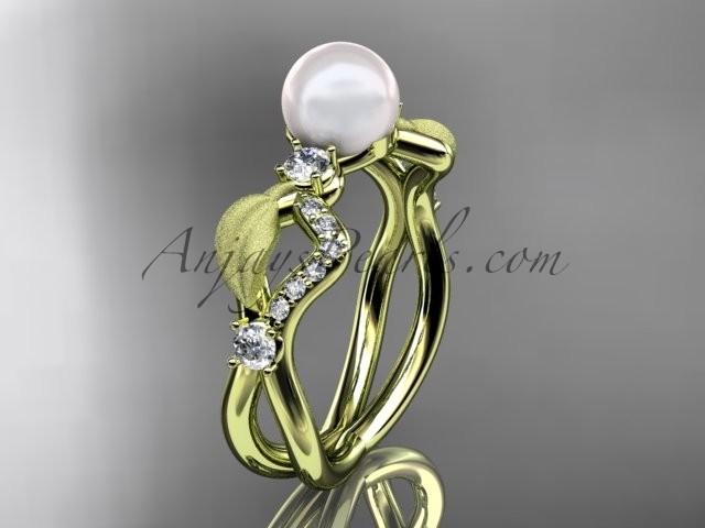 Hochzeit - 14k yellow gold diamond pearl vine and leaf engagement ring AP68