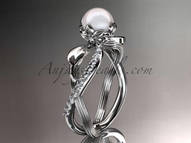 Wedding - 14k white gold diamond pearl vine and leaf engagement ring AP70