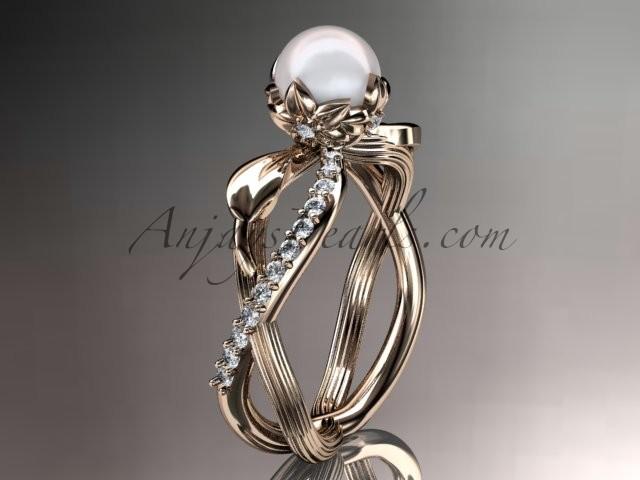 زفاف - 14k rose gold diamond pearl vine and leaf engagement ring AP70