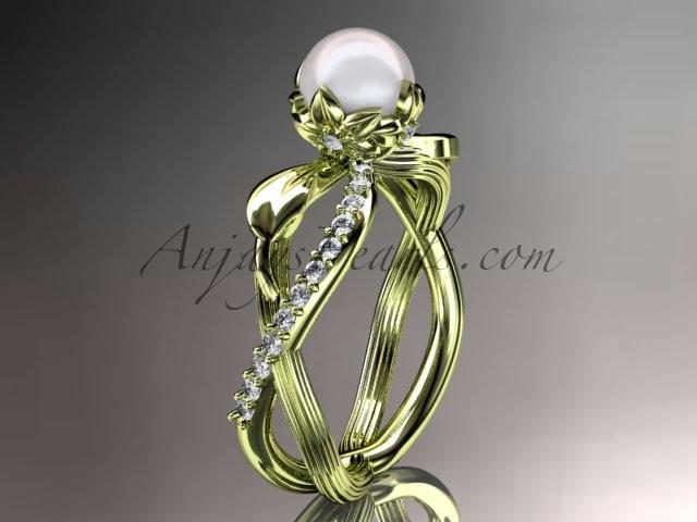 زفاف - 14k yellow gold diamond pearl vine and leaf engagement ring AP70