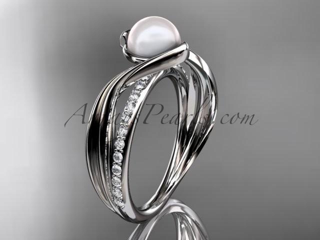 Wedding - 14k white gold diamond pearl vine and leaf engagement ring AP78