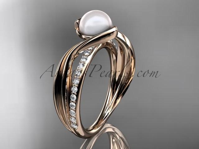 زفاف - 14k rose gold diamond pearl vine and leaf engagement ring AP78