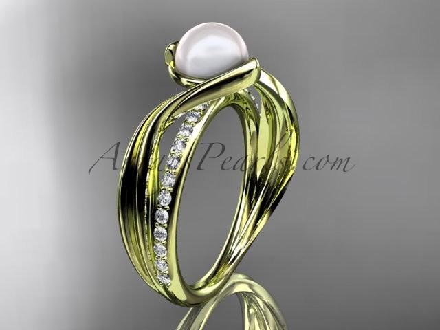 Hochzeit - 14k yellow gold diamond pearl vine and leaf engagement ring AP78