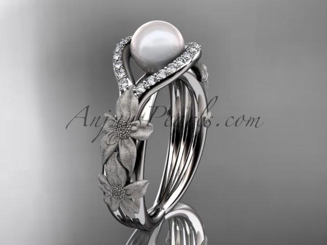 Wedding - 14k white gold diamond pearl vine and leaf engagement ring AP85
