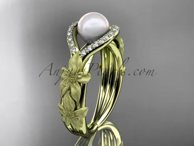 زفاف - 14k yellow gold diamond pearl vine and leaf engagement ring AP85