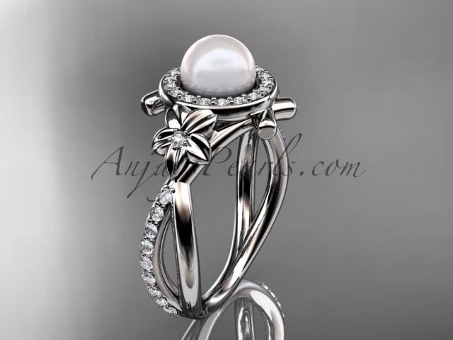 Mariage - 14k white gold diamond pearl vine and leaf engagement ring AP89