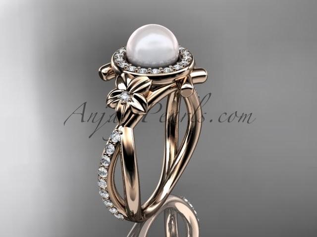 زفاف - 14k rose gold diamond pearl vine and leaf engagement ring AP89