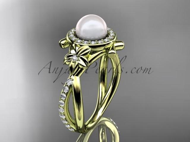 Wedding - 14k yellow gold diamond pearl vine and leaf engagement ring AP89