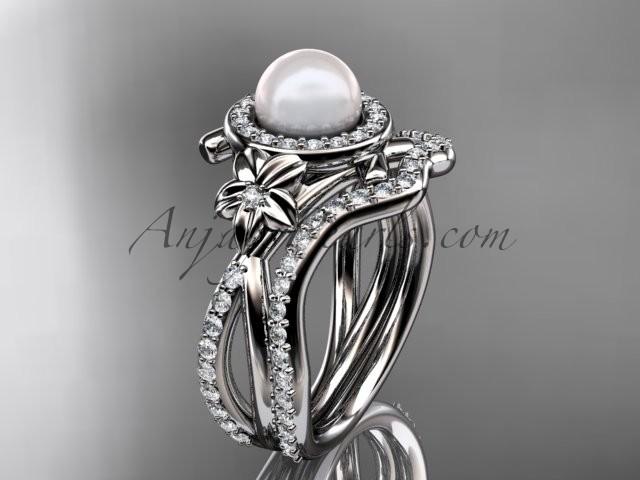 زفاف - 14k white gold diamond pearl vine and leaf engagement set AP89S