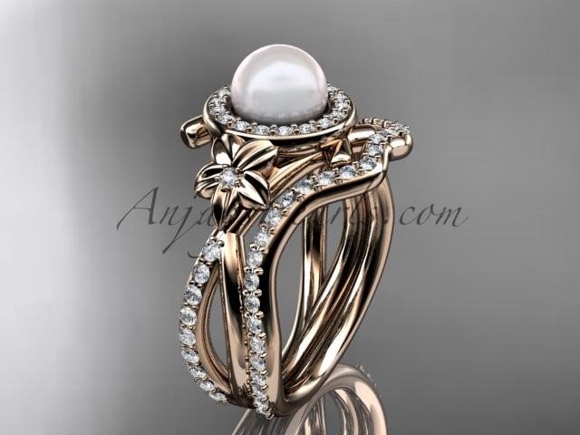 Wedding - 14k rose gold diamond pearl vine and leaf engagement set AP89S