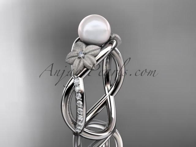 Hochzeit - 14k white gold diamond pearl vine and leaf engagement ring AP90