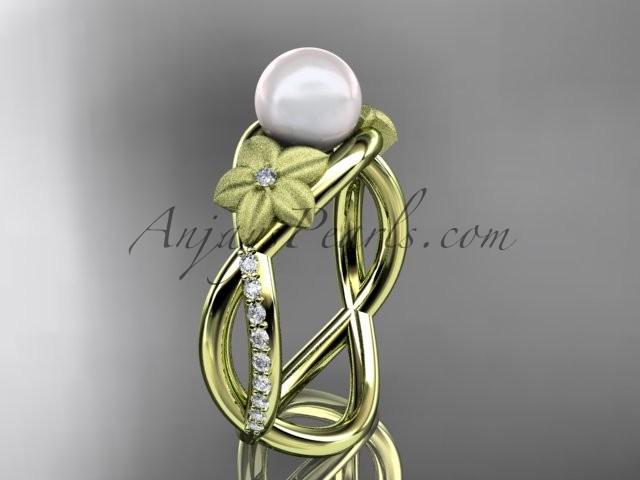 زفاف - 14k yellow gold diamond pearl vine and leaf engagement ring AP90