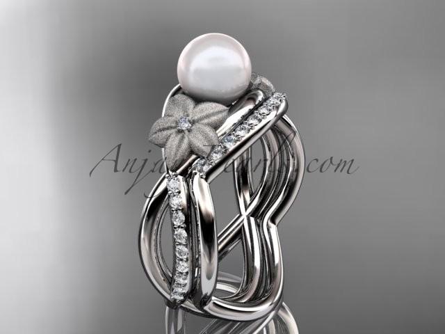 زفاف - 14k white gold diamond pearl vine and leaf engagement set AP90S