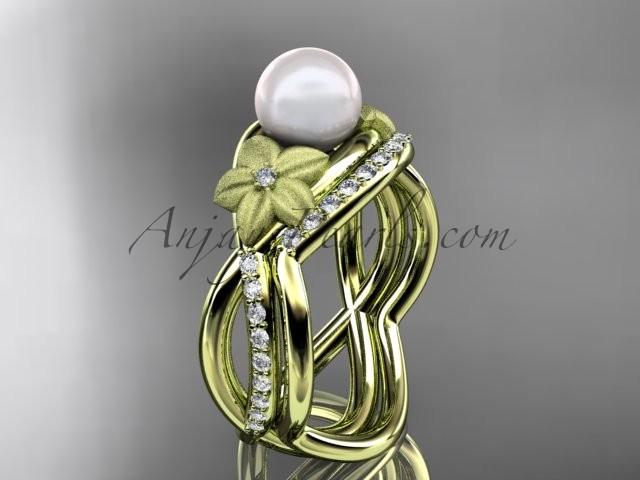 Hochzeit - 14k yellow gold diamond pearl vine and leaf engagement set AP90S