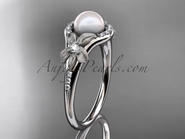 Wedding - 14k white gold diamond pearl vine and leaf engagement ring AP91