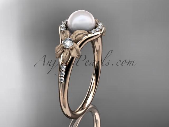 Wedding - 14k rose gold diamond pearl vine and leaf engagement ring AP91
