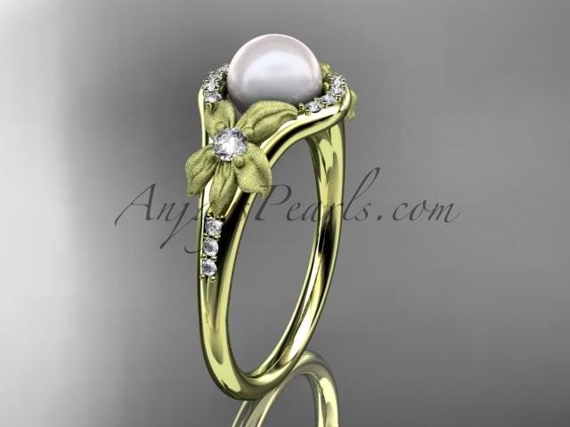 Wedding - 14k yellow gold diamond pearl vine and leaf engagement ring AP91