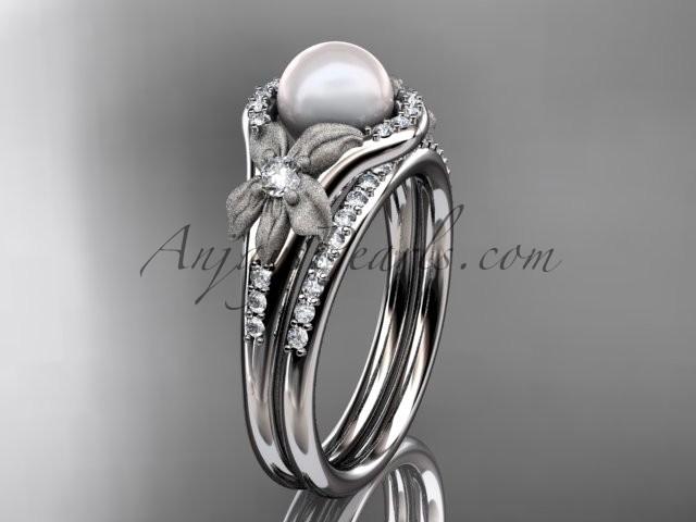 زفاف - 14k white gold diamond pearl vine and leaf engagement set AP91S