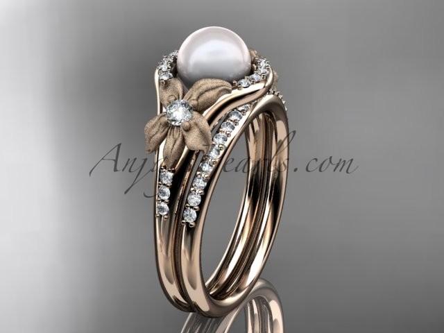 Hochzeit - 14k rose gold diamond pearl vine and leaf engagement set AP91S