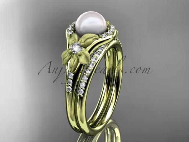زفاف - 14k yellow gold diamond pearl vine and leaf engagement set AP91S