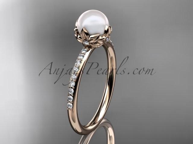 Hochzeit - 14k rose gold diamond pearl vine and leaf engagement ring AP92