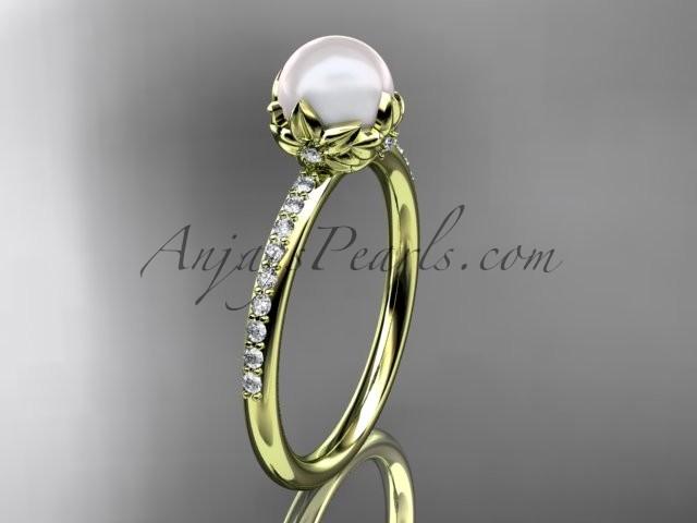 زفاف - 14k yellow gold diamond pearl vine and leaf engagement ring AP92