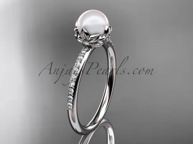 Wedding - platinum diamond pearl vine and leaf engagement ring AP92