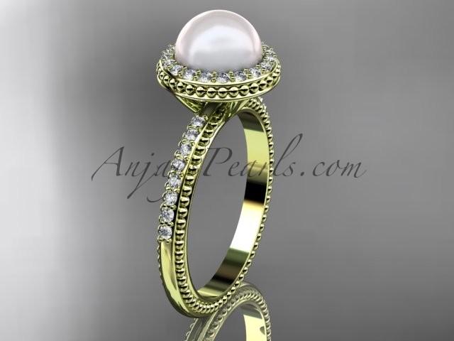 Wedding - 14k yellow gold diamond pearl vine and leaf engagement ring AP95