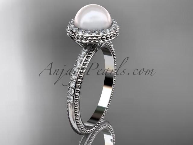 Wedding - platinum diamond pearl vine and leaf engagement ring AP95