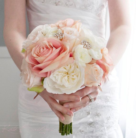 Hochzeit - Blush And Ivory Garden Rose Wedding Bouquet - Rhinestone Wedding Bouquet
