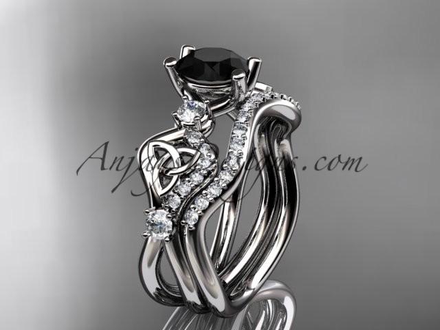 Hochzeit - 14kt white gold celtic trinity knot engagement set, wedding ring with a Black Diamond center stone CT768S