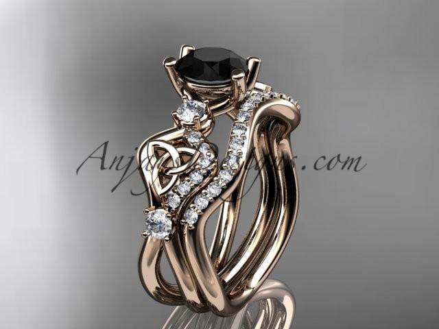 Hochzeit - 14kt rose gold celtic trinity knot engagement set, wedding ring with a Black Diamond center stone CT768S