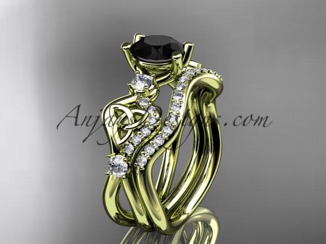 زفاف - 14kt yellow gold celtic trinity knot engagement set, wedding ring with a Black Diamond center stone CT768S