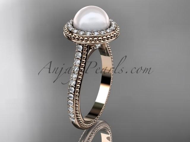 Hochzeit - Spring Collection, Unique Diamond Engagement Rings,Engagement Sets,Birthstone Rings - 14k rose gold diamond pearl vine and leaf engagement ring