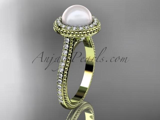 Hochzeit - 14k yellow gold diamond pearl vine and leaf engagement ring AP97
