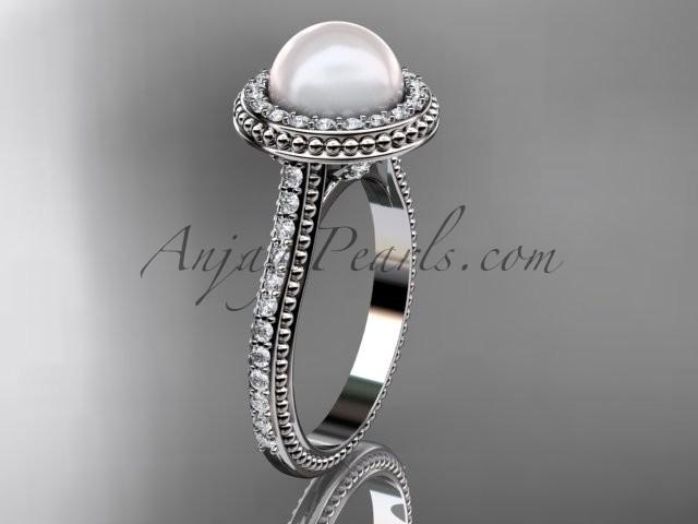زفاف - Platinum diamond pearl vine and leaf engagement ring AP97